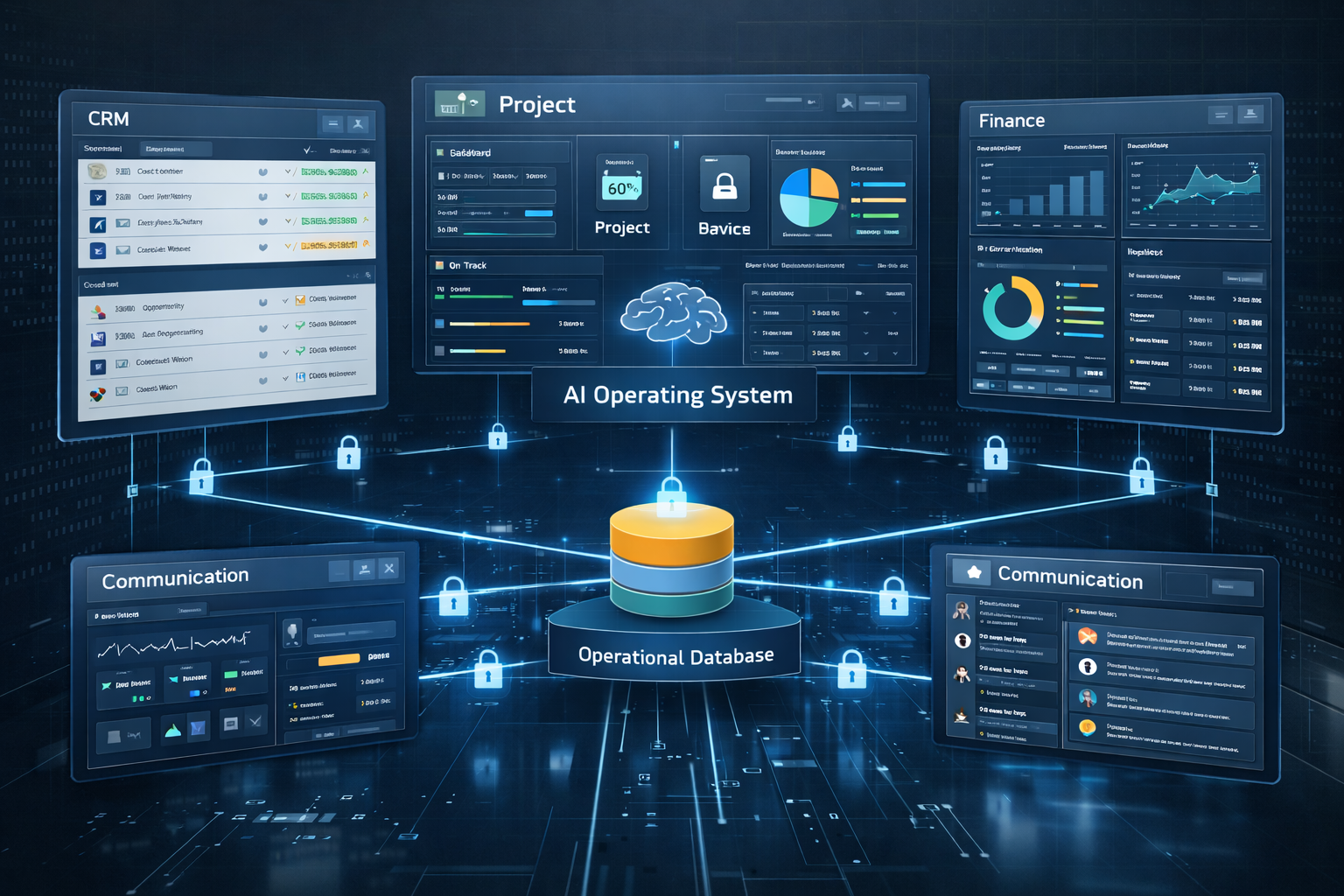 diagram of an AI operating system connecting CRM finance project management analytics and communication tools for business operations